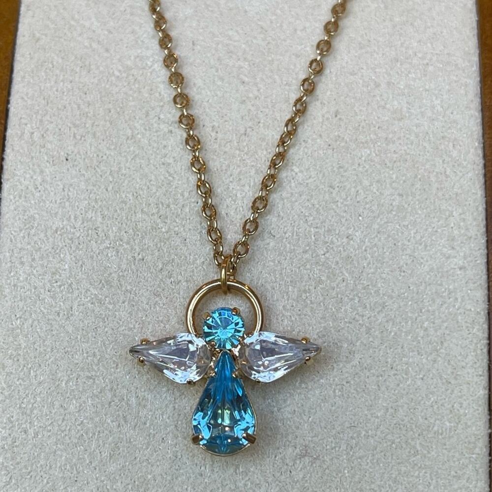 Lind Yellow Gold Electroplate Blue & Clear Crystal Rhinestone Angel Necklace 18”